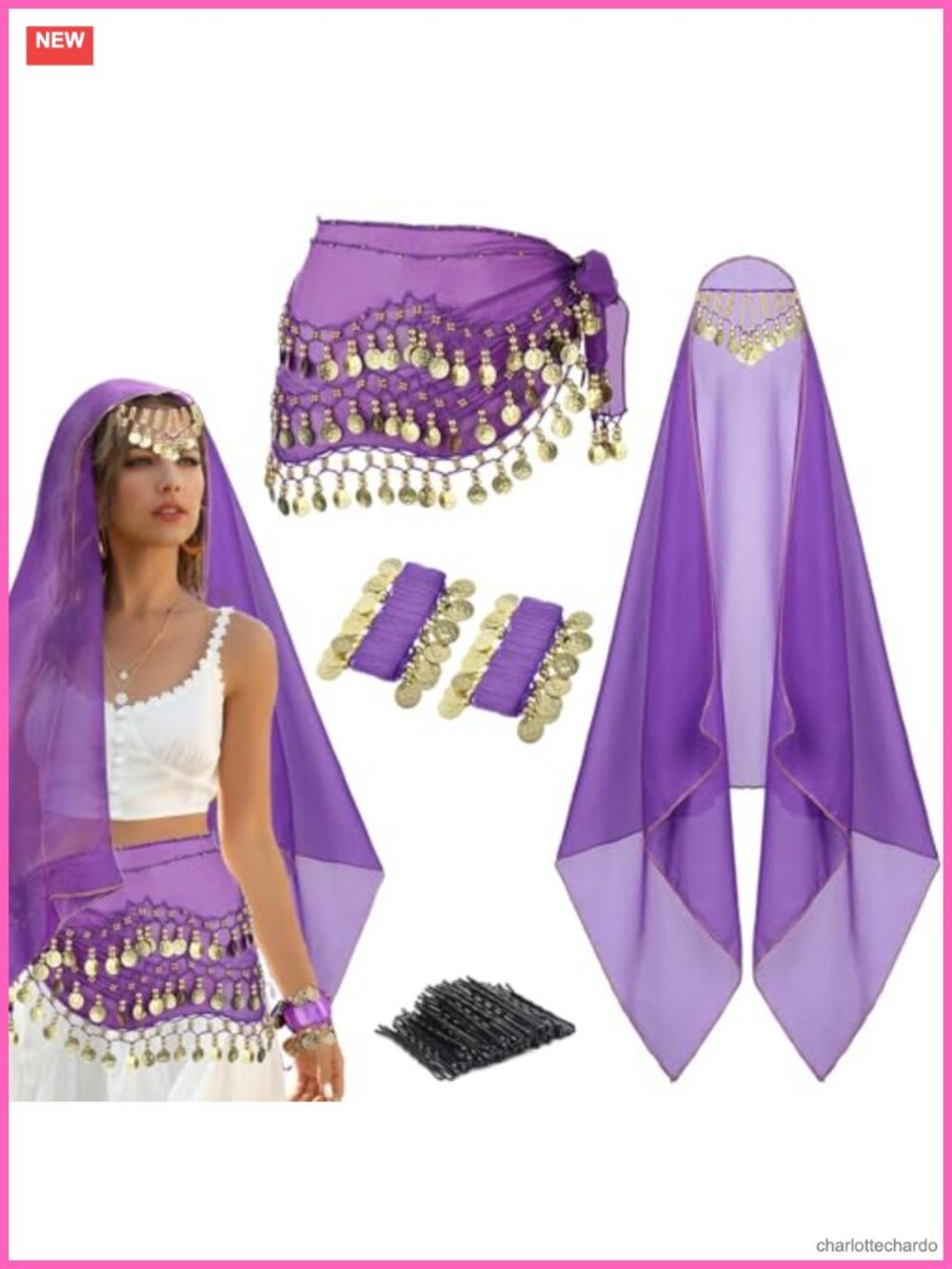 Belly Dance Chiffon Hip Scarf Head Scarf Coin Wrist Bracelet Set